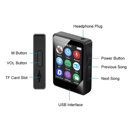 BowLift | Portable Bluetooth MP3 Player with HiFi Stereo, Mini MP4 Video Playback, LED Screen and Voice Recording