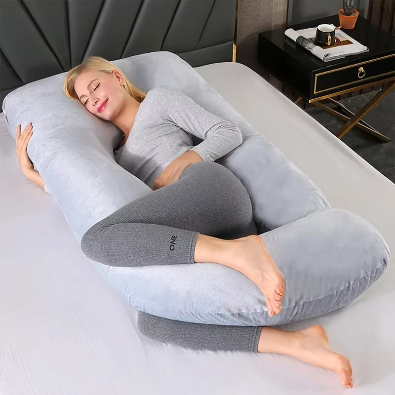 J-shaped pregnancy pillow for side sleeping and breastfeeding