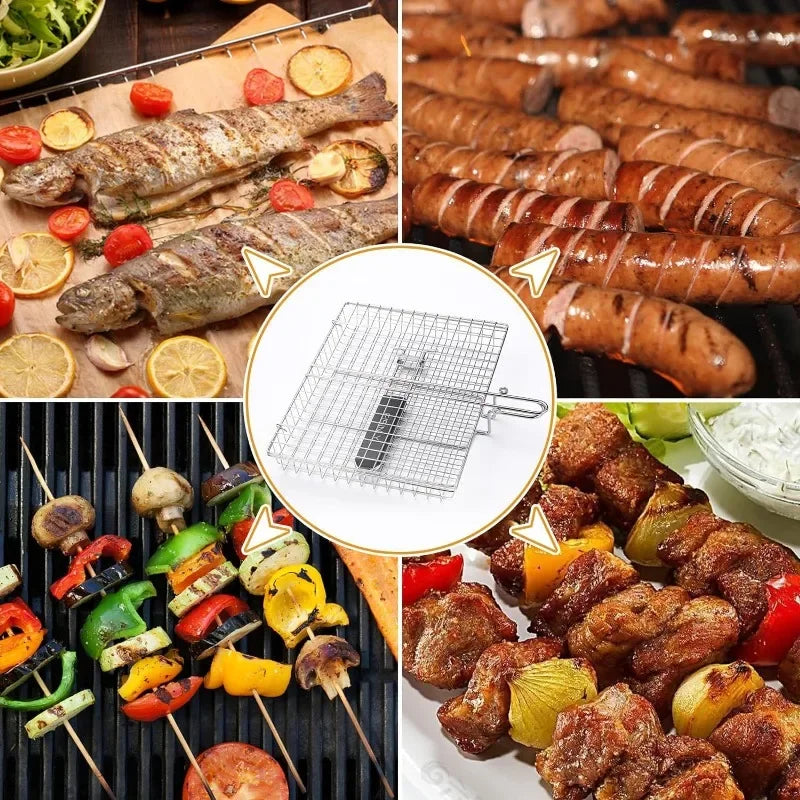 Skanto | Large Stainless Steel Grill Basket – Foldable BBQ Rack for Fish, Portable Outdoor Camping & Kitchenware