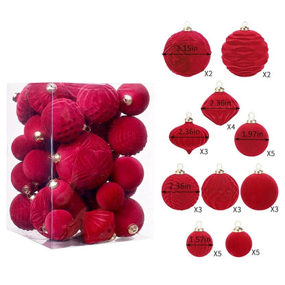 Belgian Velvet Christmas Ornaments - Plush Hanging Balls for Festive Home Decor, Holiday Party Decoration 35PCS