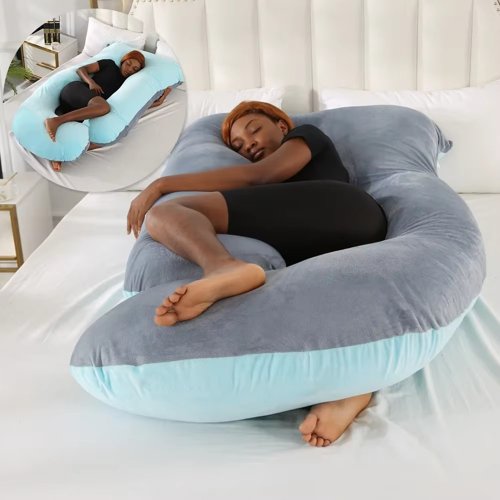 J-shaped pregnancy pillow for side sleeping and breastfeeding