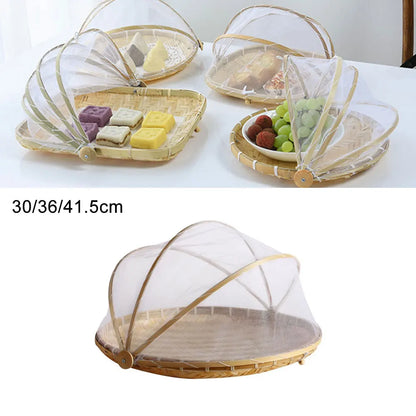 Skanto | Bamboo Woven Basket with Anti-Mosquito Net - Portable Outdoor Fruit and Vegetable Table with Mesh Cover