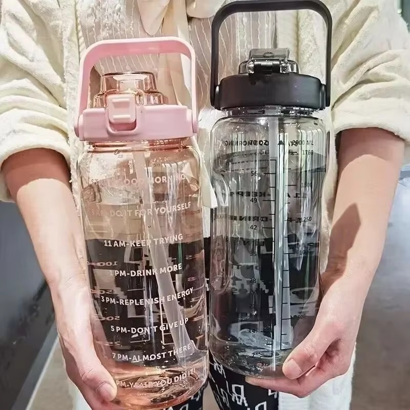 Large 2L Sport Water Bottle with Straw and Time Marker for Gym and Outdoor Fitness