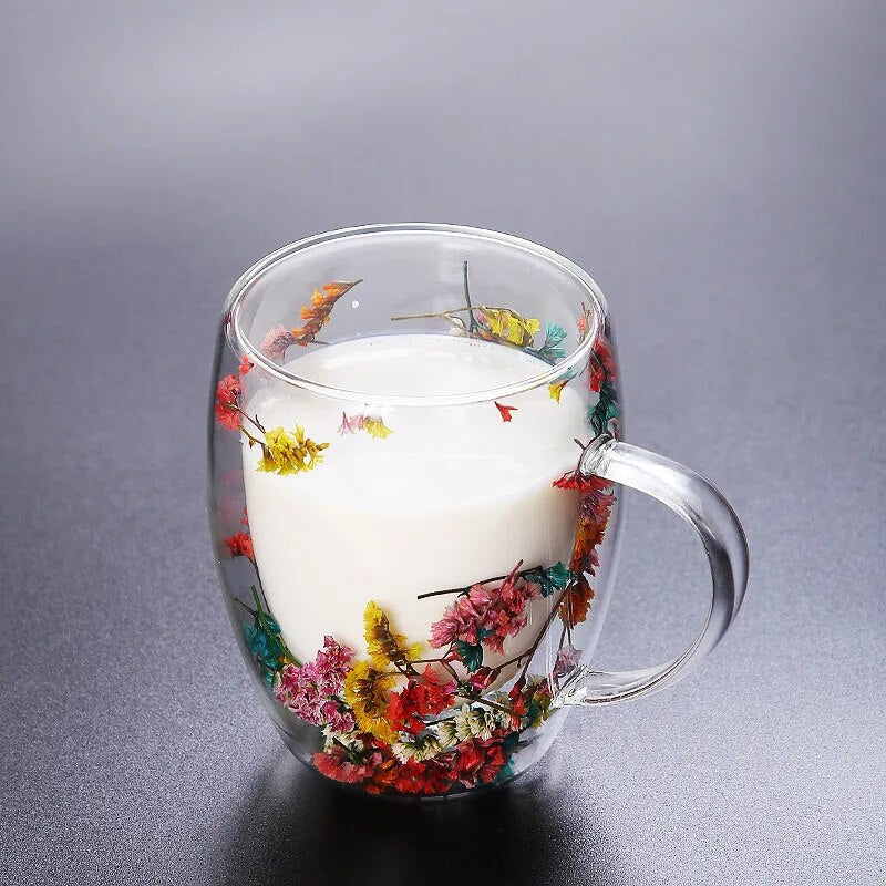 2pcs Dried Flowers Double-Walled Glass Mug