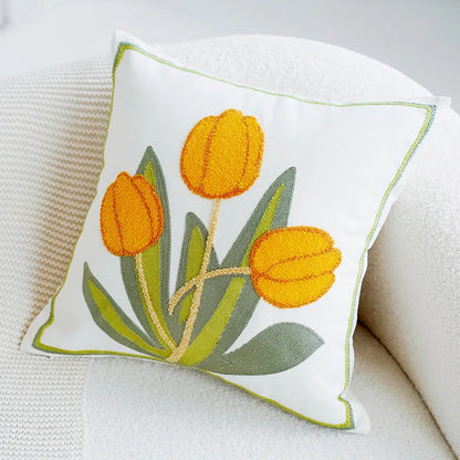 Green & Pink Tulip Embroidered Pillow Cover | Bowlift