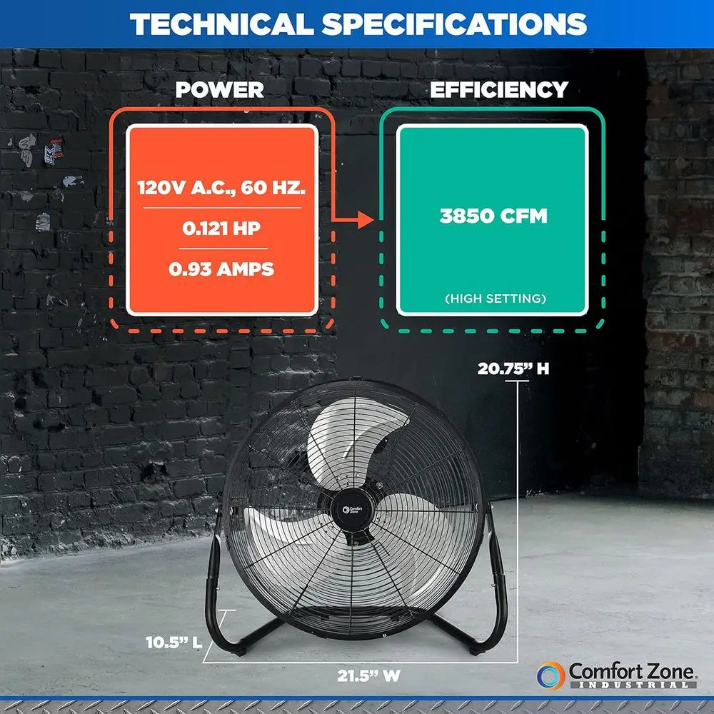 18-inch Industrial High-Speed Floor Fan – 3-Speed Adjustable Tilt with Carrying Handle for Workshop & Home Use | Brehn