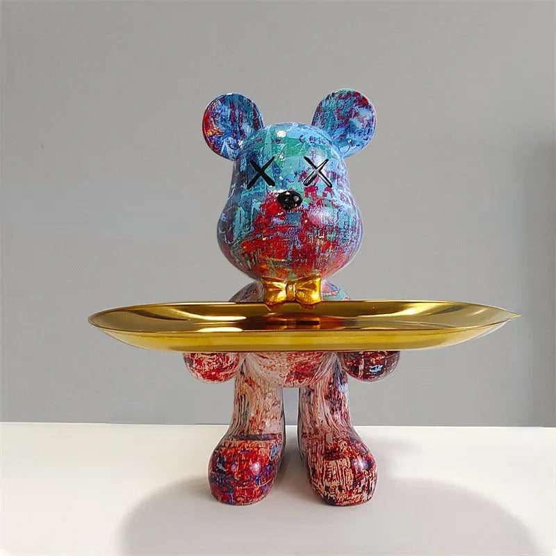 Bear Figurine with Serving Tray, Modern Decorative Figure for Living Room and Hallway