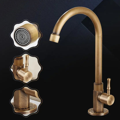 Skanto | Elegant Swan Neck Kitchen Faucet in Antique Brass