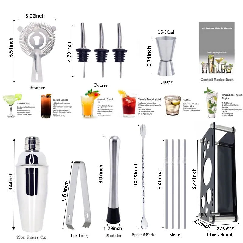 Skanto | 13-22 pcs Boston Cocktail Shaker Set - 750ml & 600ml Bar Tools, Wine Mixer Set with Holder - Professional Bartender Tool Kit