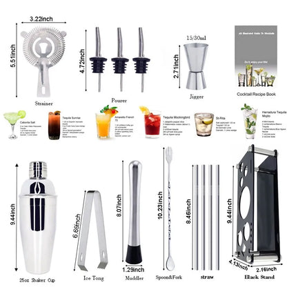 Skanto | 13-22 pcs Boston Cocktail Shaker Set - 750ml & 600ml Bar Tools, Wine Mixer Set with Holder - Professional Bartender Tool Kit