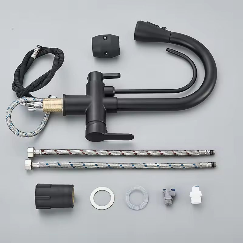 Matte Black Filter Faucet for the Kitchen, Pull-Out Spray, 360° Rotation, Three-Way Water Filter Tap, Sink Mixer | Brehn