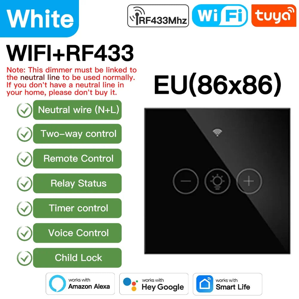 Tuya Smart Light Wall Switch with Neutral Wire - WiFi Dimmer Control via SmartLife Google Alexa Apps