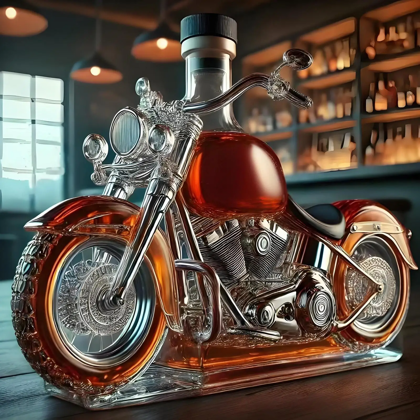 Whisky decanter in the shape of a Harley-Davidson motorcycle for the home bar
