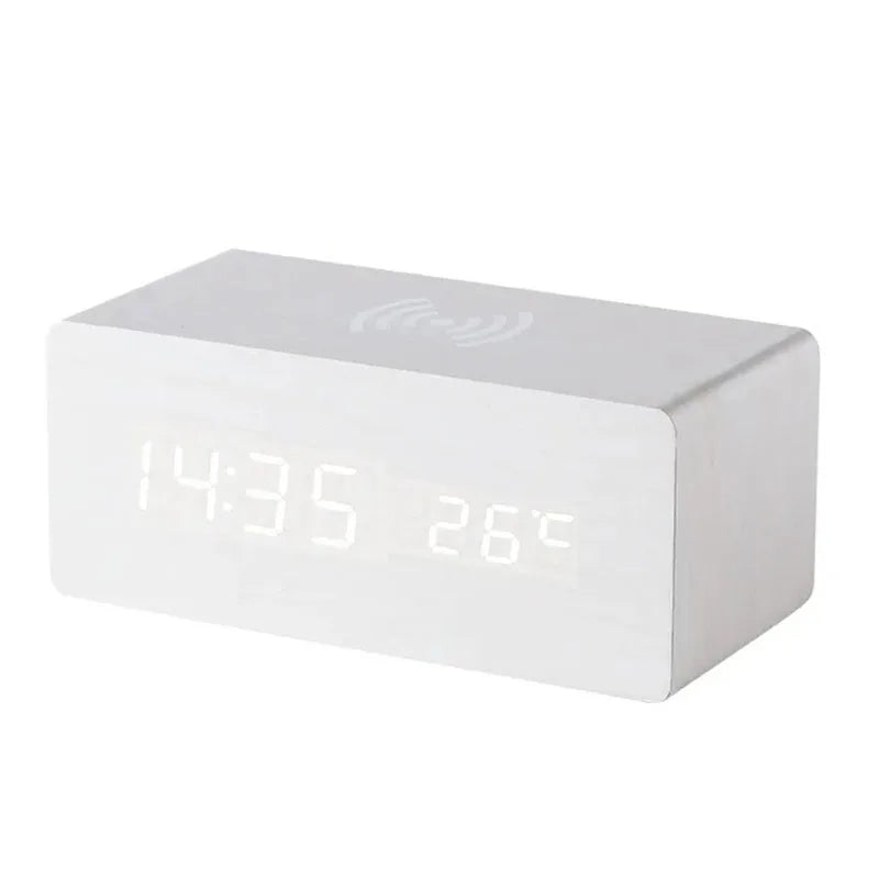 Minimalist LED Wooden Alarm Clock with Temperature Display, Wireless Charging Function and Digital Time Display – Ideal for Bedroom and Office | Brehn
