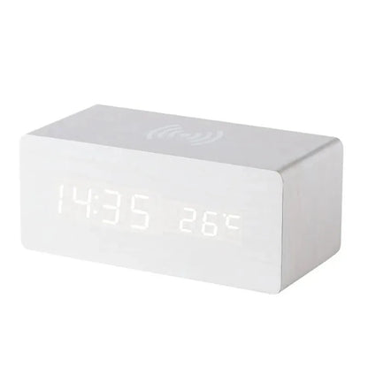 Minimalist LED Wooden Alarm Clock with Temperature Display, Wireless Charging Function and Digital Time Display – Ideal for Bedroom and Office | Brehn