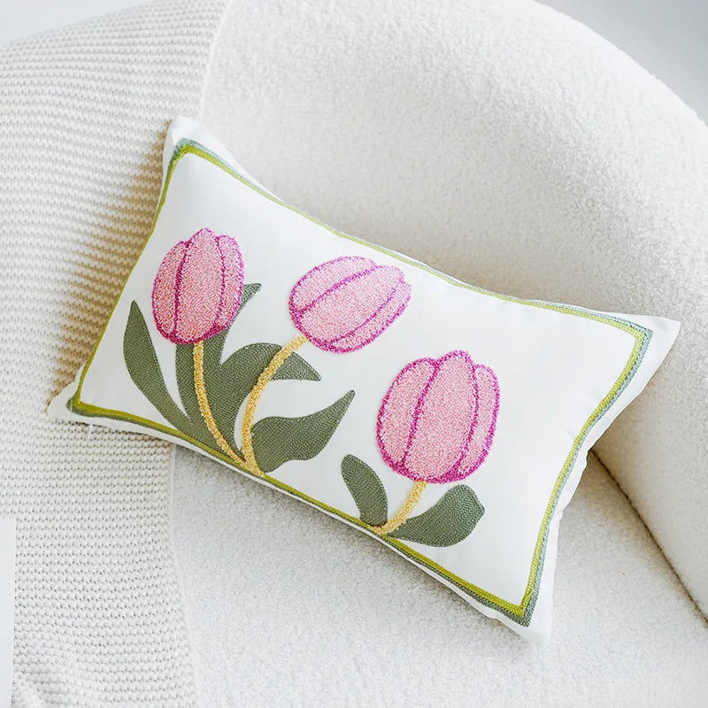 Green & Pink Tulip Embroidered Pillow Cover | Bowlift