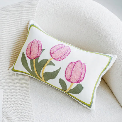 Green & Pink Tulip Embroidered Pillow Cover | Bowlift