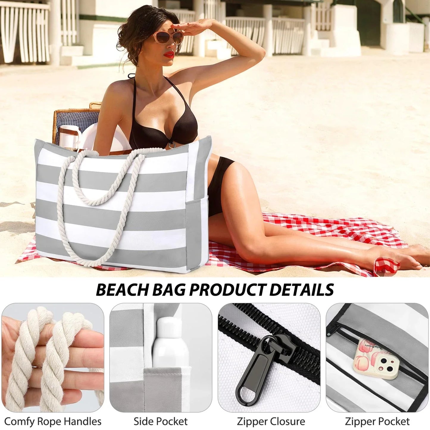 BowLift | Marivalis Striped Beach Bag with Zipper | Foldable & Waterproof | Sand Resistant Canvas | For Travel & Vacation