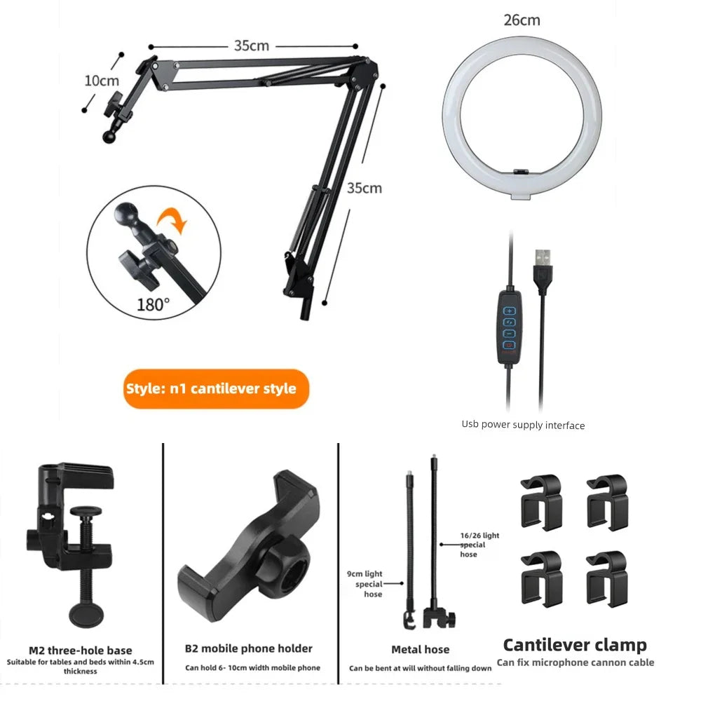 BowLift | LumiFlex LED ring light with flexible arm & phone holder | 3 light colors & USB connection | Perfect for livestream, video & selfie