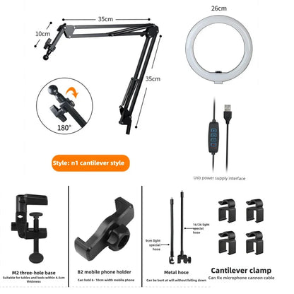 BowLift | LumiFlex LED ring light with flexible arm & phone holder | 3 light colors & USB connection | Perfect for livestream, video & selfie