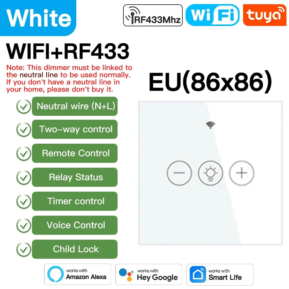 Tuya Smart Light Wall Switch with Neutral Wire - WiFi Dimmer Control via SmartLife Google Alexa Apps