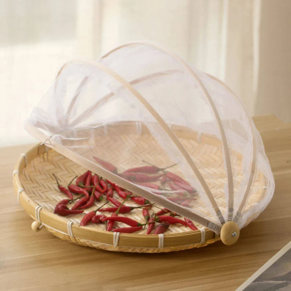 Skanto | Bamboo Woven Basket with Anti-Mosquito Net - Portable Outdoor Fruit and Vegetable Table with Mesh Cover