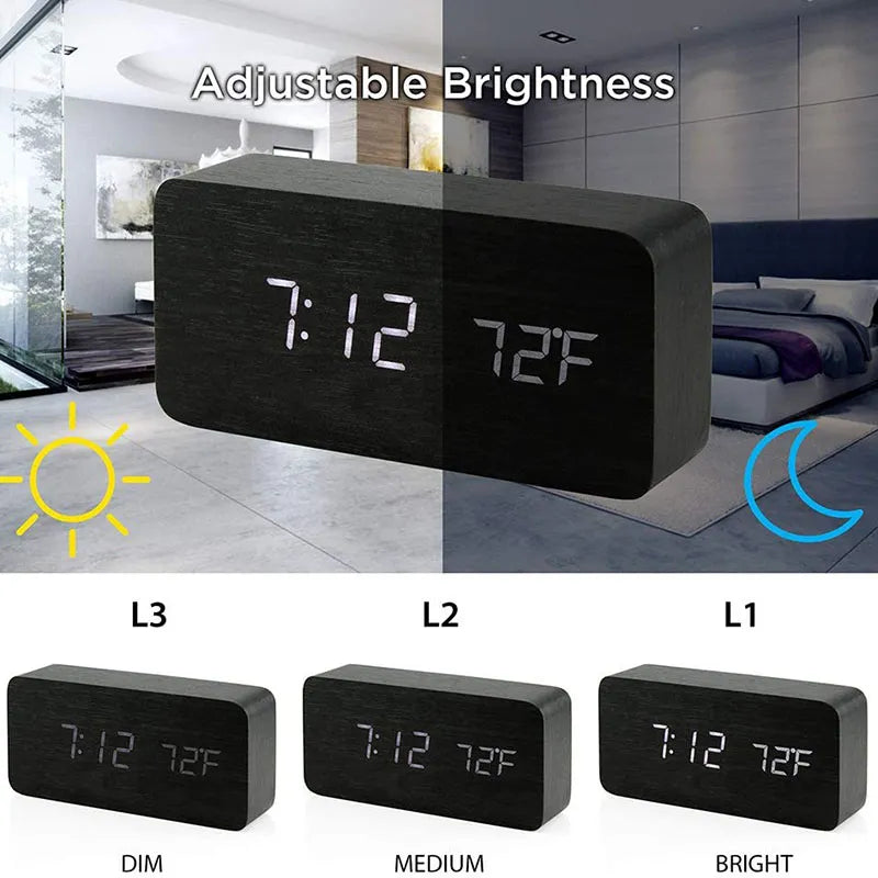Skanto | Wood LED Digital Alarm Clock: Stylish Table and Bedside Clock with Temperature Display