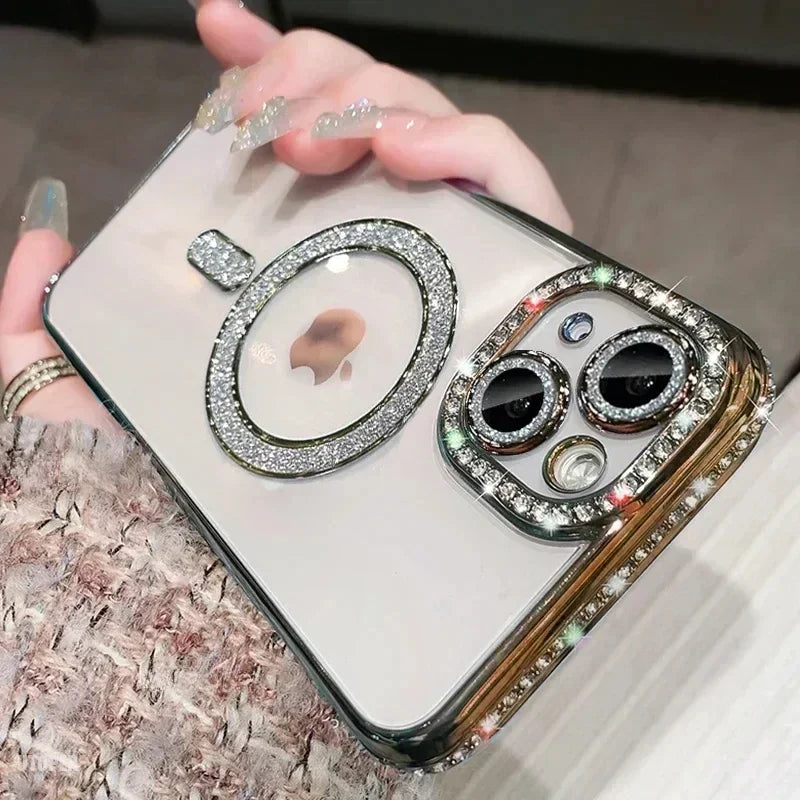 Luxury Glitter Bling MagSafe Case with Crystal Lens for iPhone 15 16 11 12 13 14 Pro Max 16 Plus Magnetic Wireless Charging Clear Case
