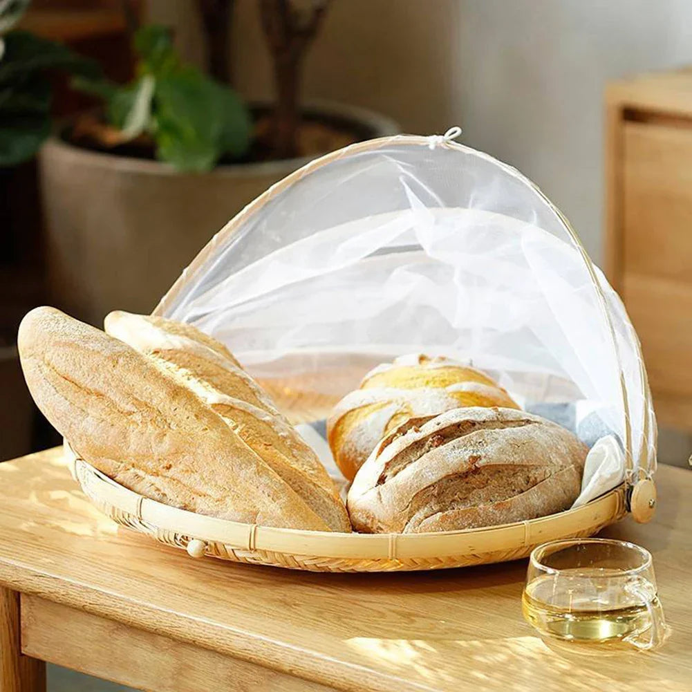 Skanto | Bamboo Woven Basket with Anti-Mosquito Net - Portable Outdoor Fruit and Vegetable Table with Mesh Cover