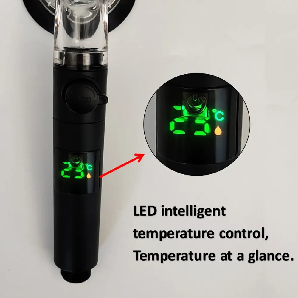 Skanto | High-Pressure Turbo Fan Shower Head with Temperature Indicator and Water-Saving Stop Button - Handheld Bathroom Shower Head