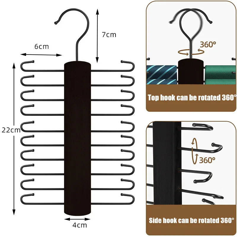 BowLift | OrganizePro Holzico | Tie & Belt Holder | 20 Rotatable Hooks | For the Style-Conscious