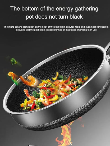 Skanto | Tri-Ply 316 Stainless Steel Wok Pan with Double-Sided Honeycomb Pan - Suitable for All Stoves