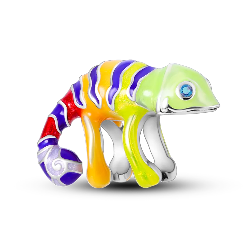 Skanto | 925 Silver Golden Leopard Charm Beads Colorful Chameleon Rhinoceros Lion Scarab Cat Pendant Compatible with Original Pandora Bracelet Jewelry