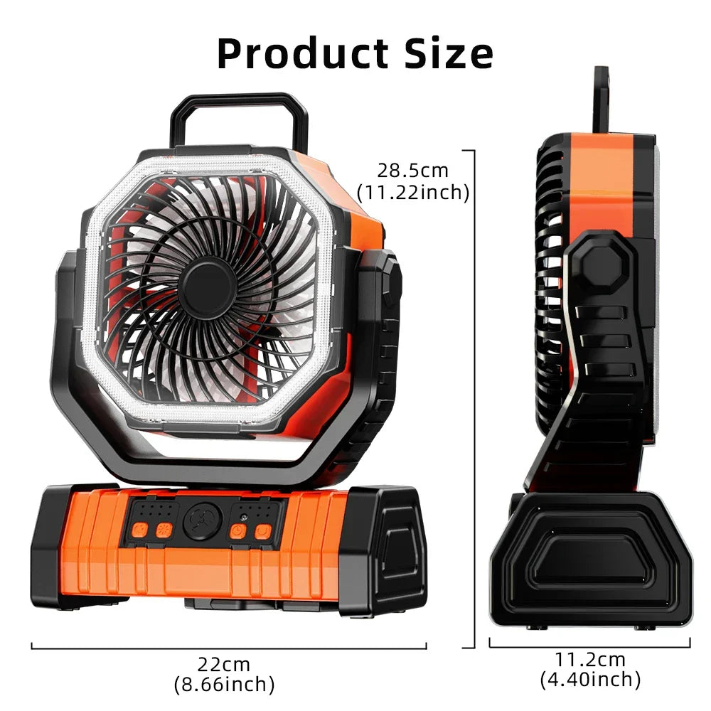 20000mAh Portable Rechargeable Fan — Battery-Operated Table & Camping Fan with LED Light & Hook for Tent, Car and Outdoor Trips | Karnz