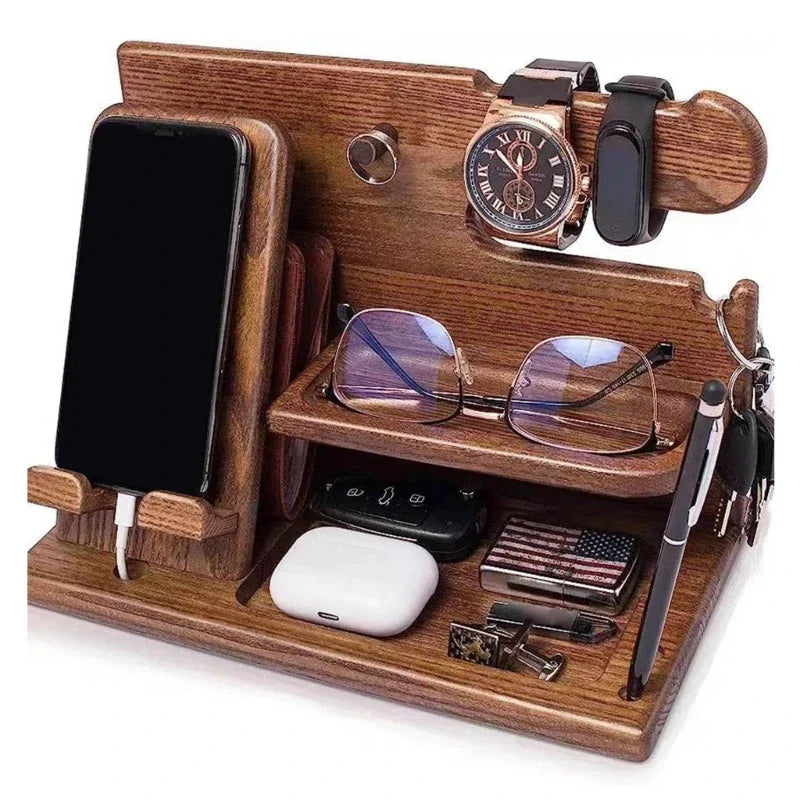 Skanto | Wooden Nightstand Phone Docking Station – Multifunctional Tray for Wallet, Watch & Storage, Ideal for Valentine's Day