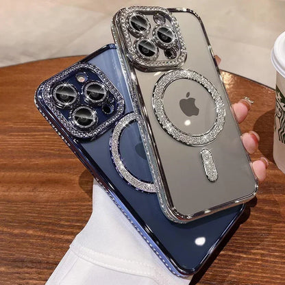 Luxury Glitter Bling MagSafe Case with Crystal Lens for iPhone 15 16 11 12 13 14 Pro Max 16 Plus Magnetic Wireless Charging Clear Case