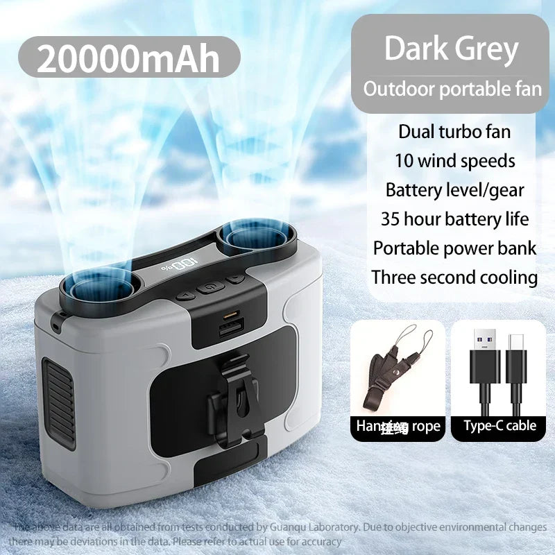 20000mAh Portable Waist Fan – Hanging Neck Fan with Power Bank, Strong Wind, LED Lighting for Sports, Courier, Outdoor Work | Bowlift