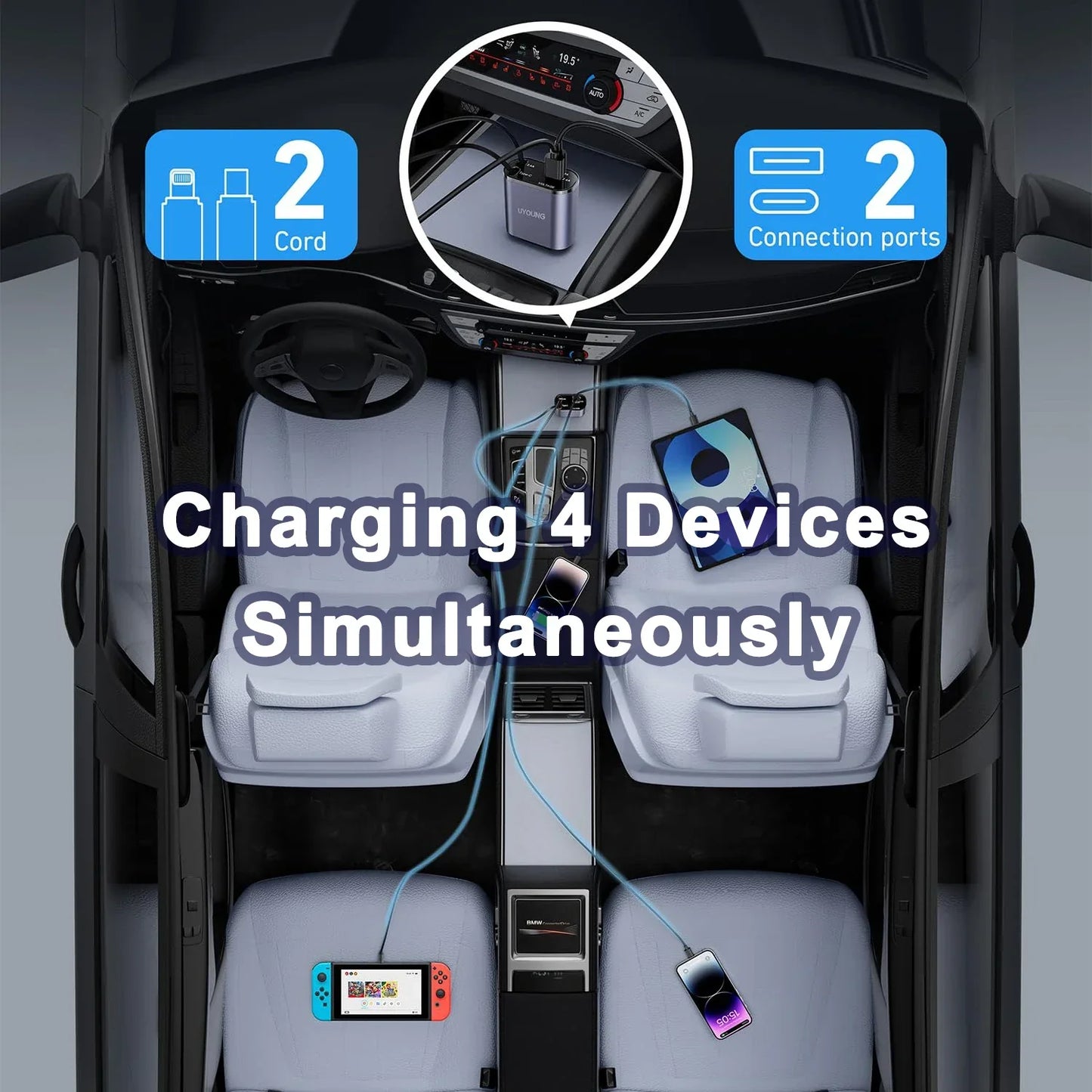 BowLift | Car Retractable 4 in 1 Fast Charger With Roof Lighting