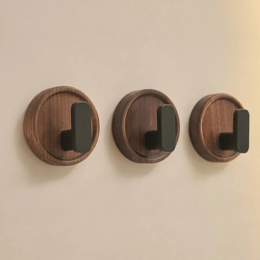 BowLift | Self-adhesive wooden wall hooks Nordiva WoodCircle | Walnut wood | Decorative hook for keys, towels & clothing | Bathroom, kitchen & hallway