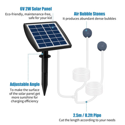 BowLift | AquaSola Solar-powered Oxygen Pump with Battery | 6V 2W | For Ponds & Aquariums | Includes 2 Air Stones & 0.25 cm Hose