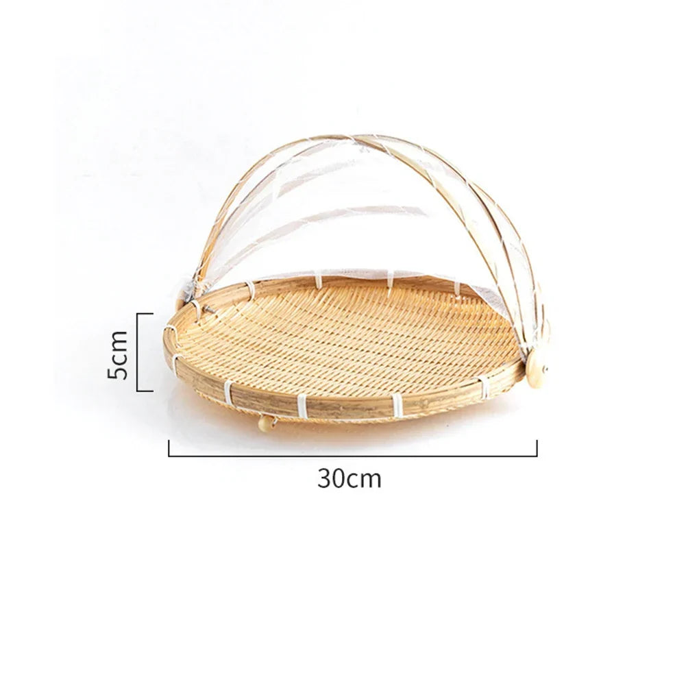 Skanto | Bamboo Woven Basket with Anti-Mosquito Net - Portable Outdoor Fruit and Vegetable Table with Mesh Cover