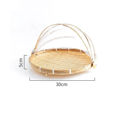 Skanto | Bamboo Woven Basket with Anti-Mosquito Net - Portable Outdoor Fruit and Vegetable Table with Mesh Cover