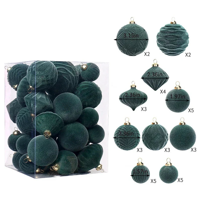 Belgian Velvet Christmas Ornaments - Plush Hanging Balls for Festive Home Decor, Holiday Party Decoration 35PCS