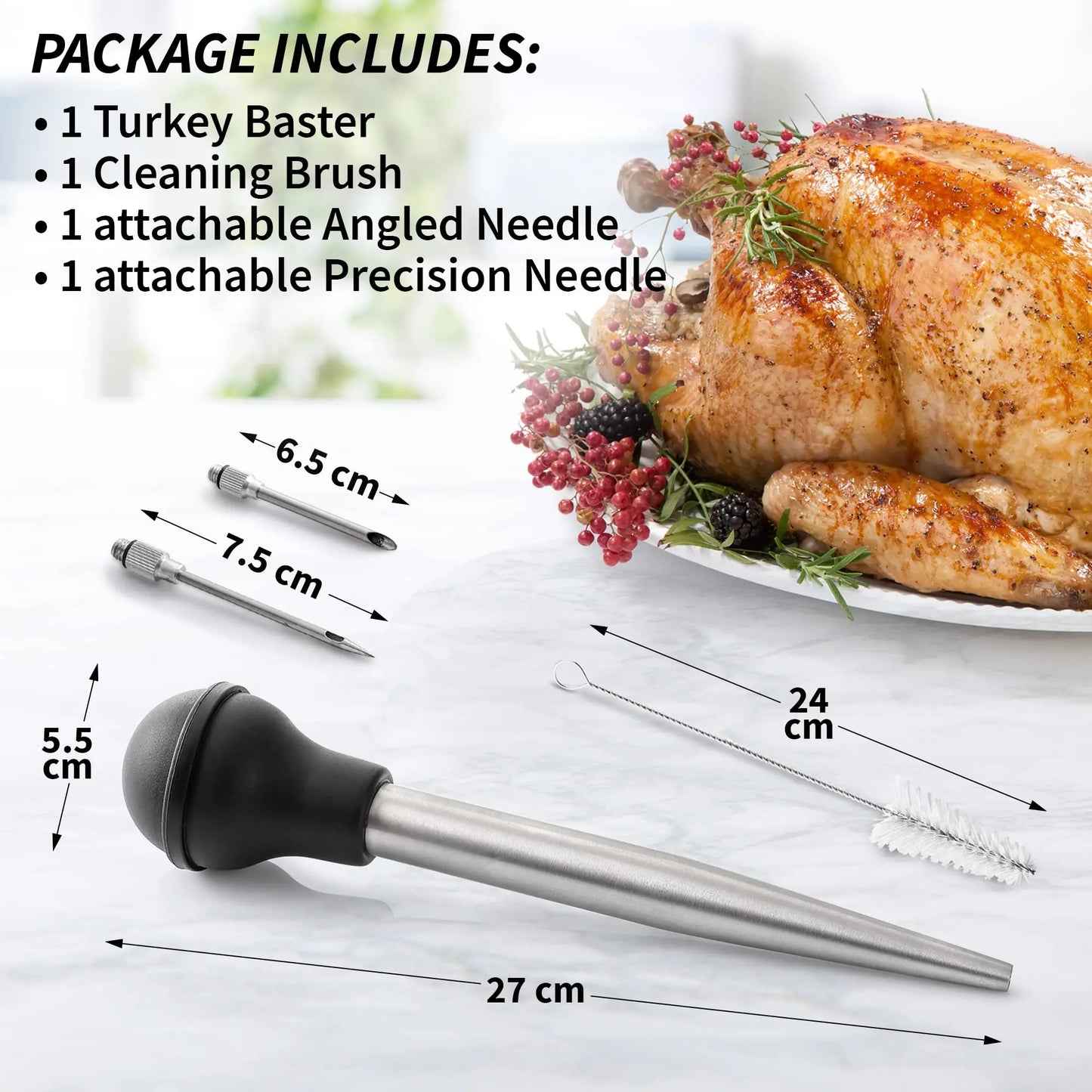 Flavora Marinade Injector | With 2 Needles & Cleaning Brush | For liquid & viscous marinades | Stainless Steel & Silicone