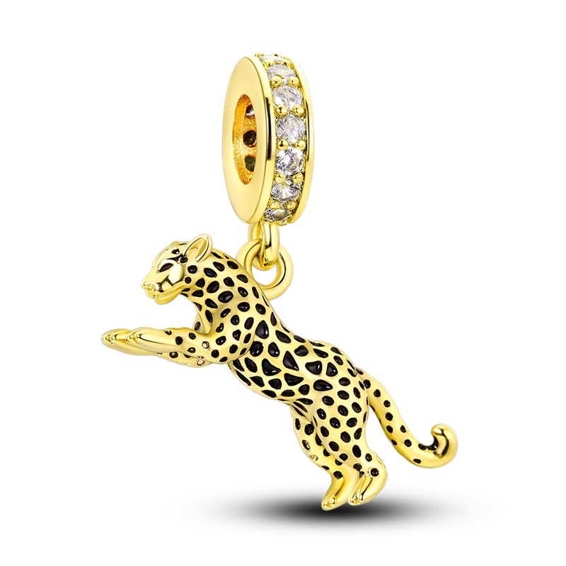 Skanto | 925 Silver Golden Leopard Charm Beads Colorful Chameleon Rhinoceros Lion Scarab Cat Pendant Compatible with Original Pandora Bracelet Jewelry
