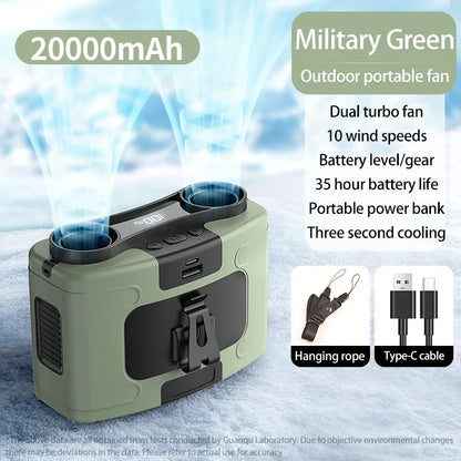 20000mAh Portable Waist Fan – Hanging Neck Fan with Power Bank, Strong Wind, LED Lighting for Sports, Courier, Outdoor Work | Bowlift