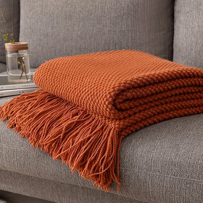 BowLift | Aurelia Cozy Tassel Knitted Blanket in Morandi Orange | Soft & Warm | 3 Sizes | For Sofa, Bed & Travel