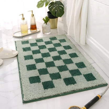 Plush checkered bath mat