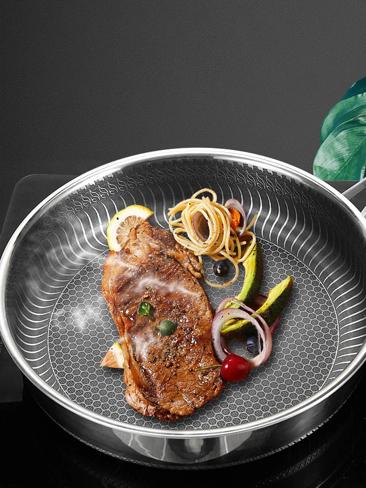 Skanto | Tri-Ply 316 Stainless Steel Wok Pan with Double-Sided Honeycomb Pan - Suitable for All Stoves