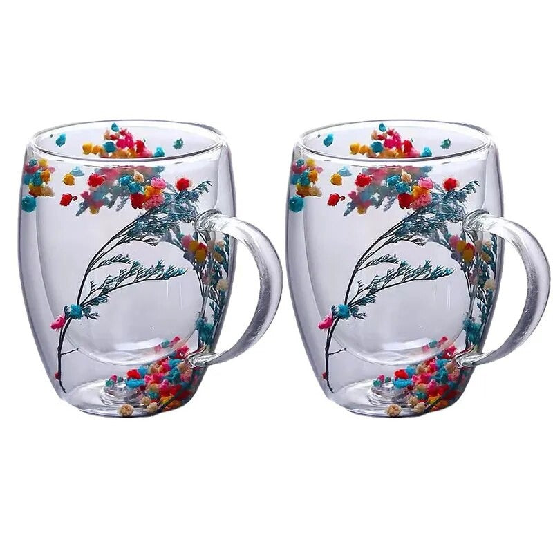 2pcs Dried Flowers Double-Walled Glass Mug